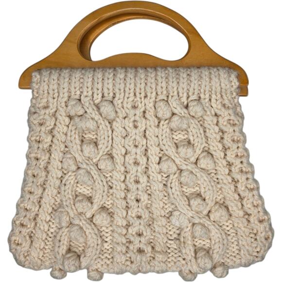 Carraigdonn Handknit 100% Merino Wool Knit Bag Cream with Wooden Handles - Picture 1 of 9